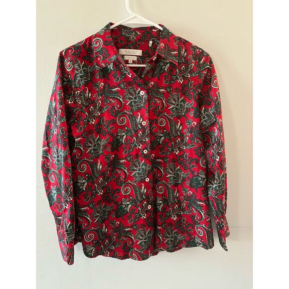 Foxcroft Tops - Foxcroft for Appleseeds Top Women's 8 Red Green Paisley Button Down Shaped
